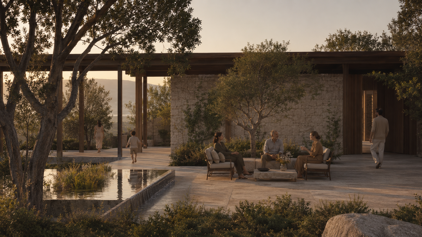 Residents gathering on a stone terrace at golden hour