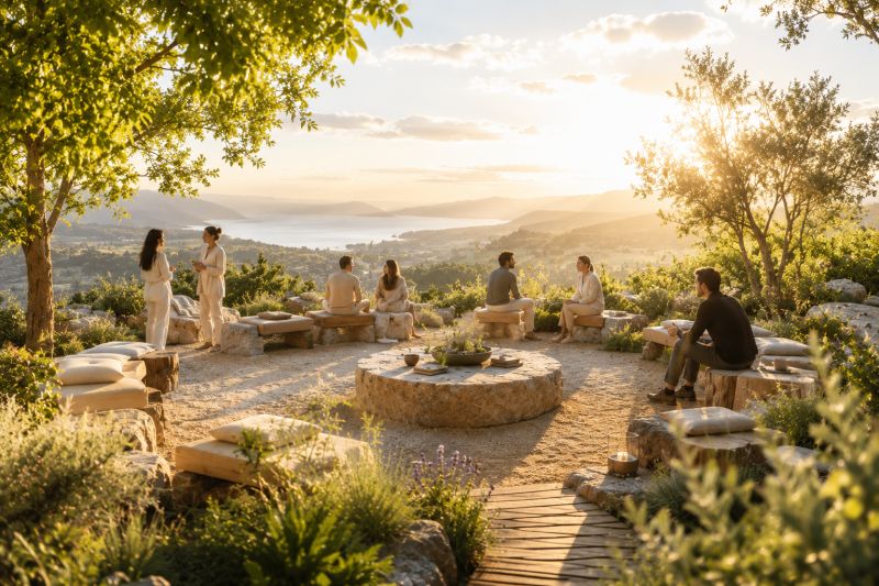 Guests gathered around an outdoor firepit at dusk