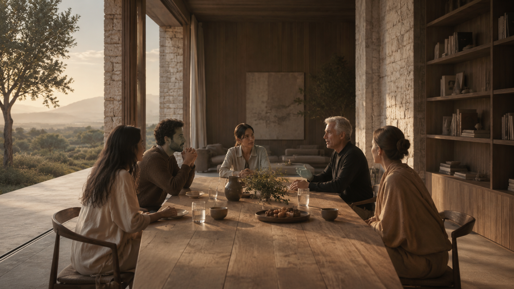 Multigenerational family sharing a meal at a long table overlooking a valley