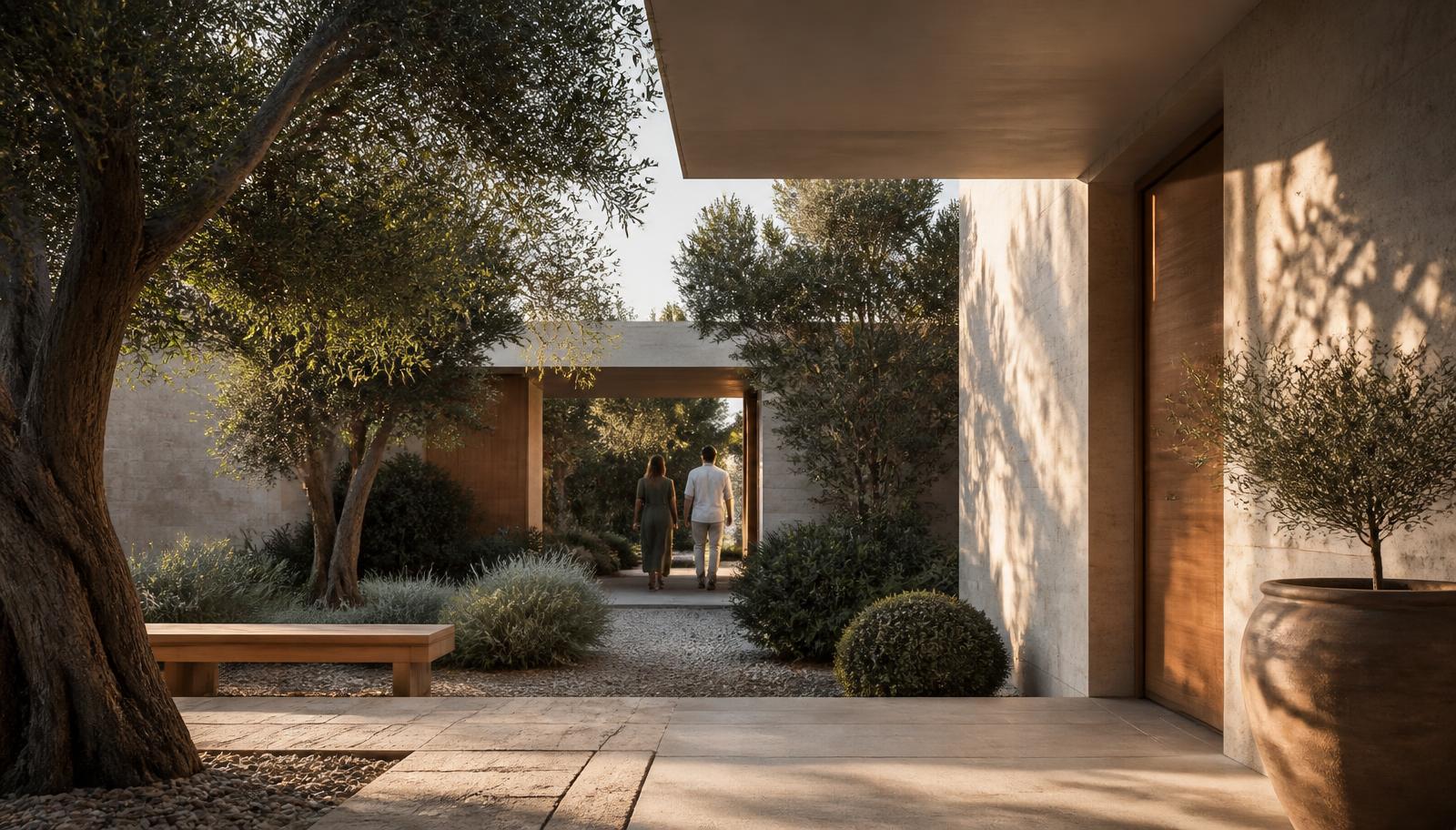 Shaded residential courtyard with mature trees and stone paving at golden hour